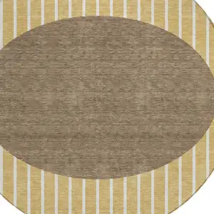 Photo of 8' Wheat And Brown Round Striped Washable Indoor Outdoor Area Rug