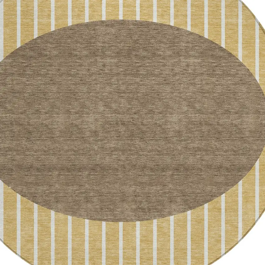 8' Wheat And Brown Round Striped Washable Indoor Outdoor Area Rug Photo 4