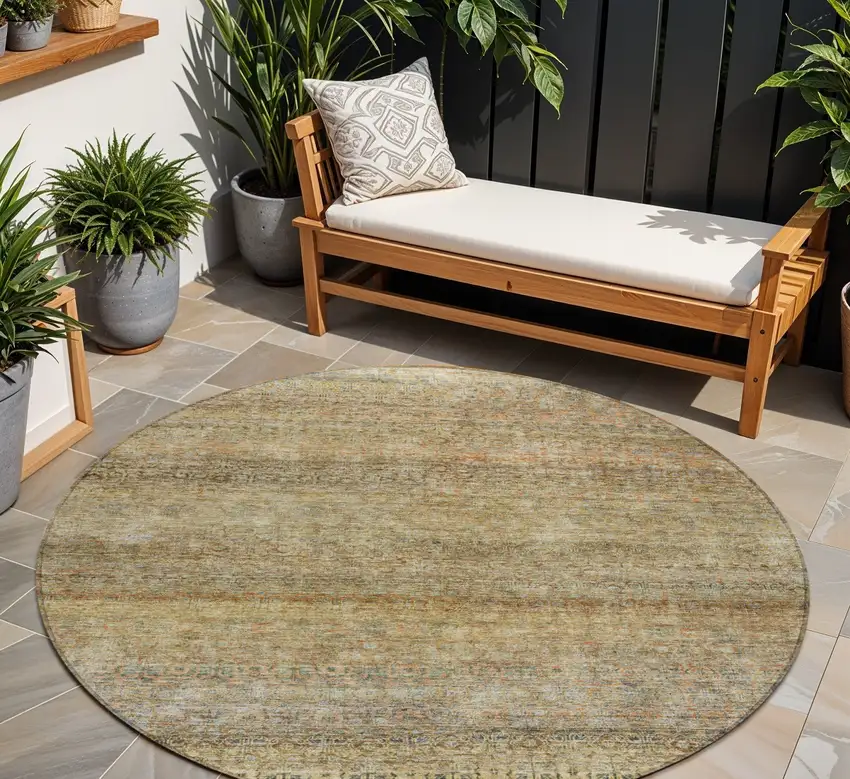 8' Wheat And Brown Round Striped Washable Indoor Outdoor Area Rug Photo 1