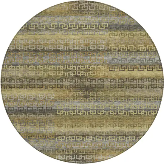 8' Wheat And Brown Round Striped Washable Indoor Outdoor Area Rug Photo 1