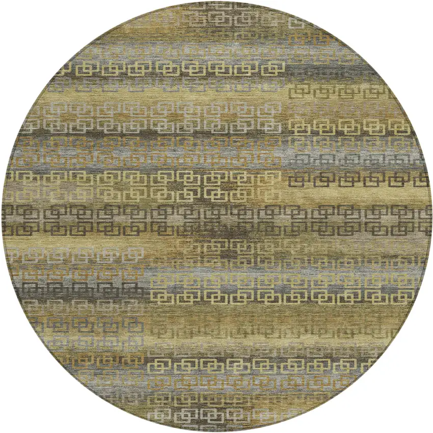 8' Wheat And Brown Round Striped Washable Indoor Outdoor Area Rug Photo 1