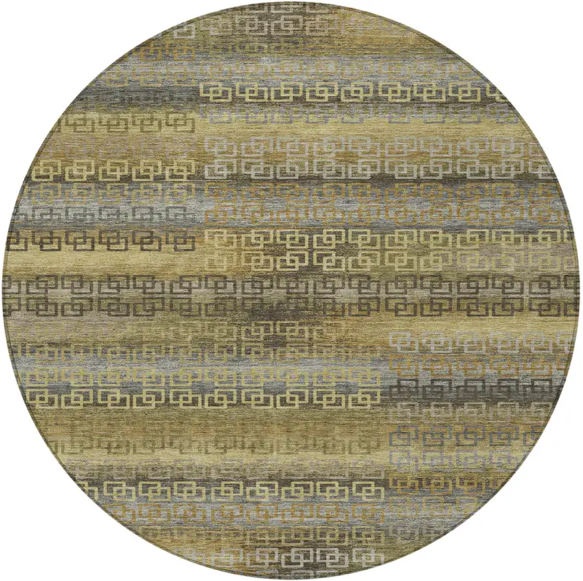 8' Wheat And Brown Round Striped Washable Indoor Outdoor Area Rug Photo 4