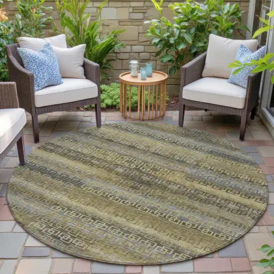 8' Wheat And Brown Round Striped Washable Indoor Outdoor Area Rug Photo 6