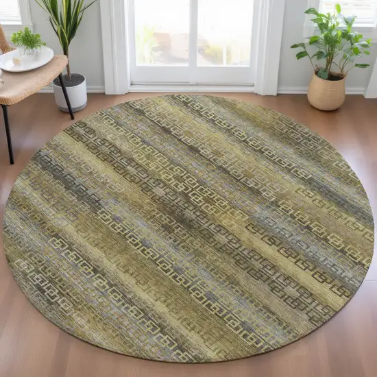 8' Wheat And Brown Round Striped Washable Indoor Outdoor Area Rug Photo 7