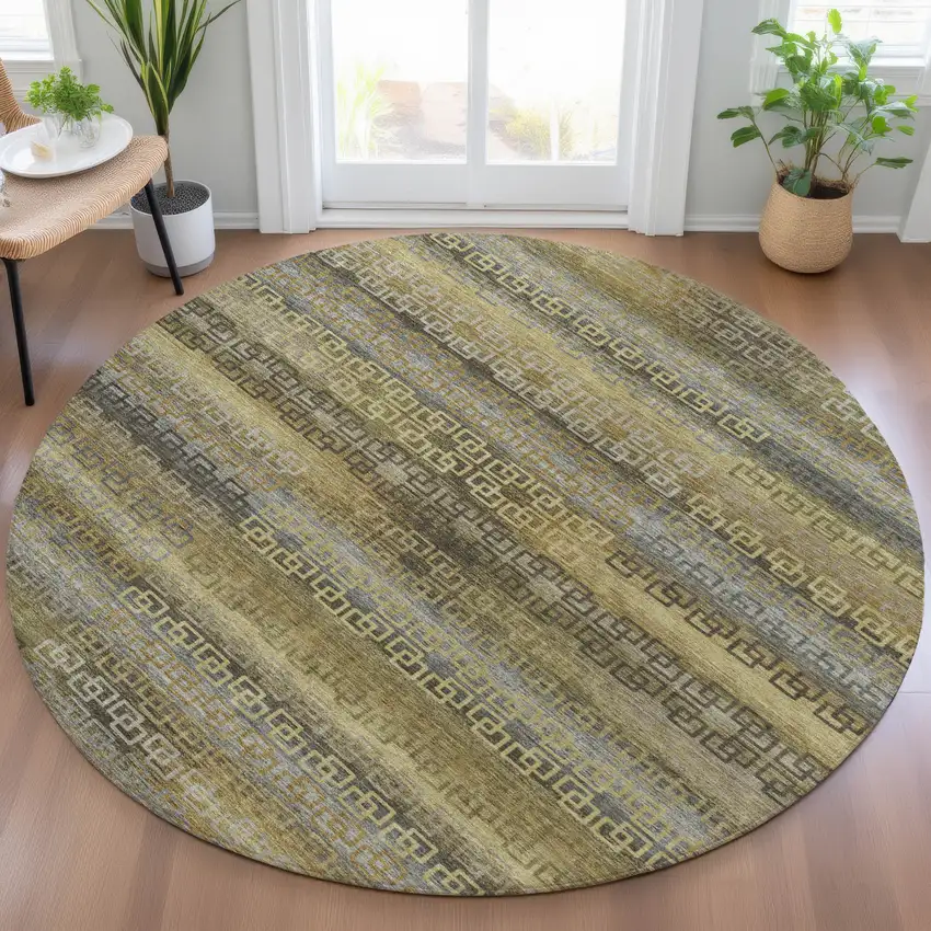 8' Wheat And Brown Round Striped Washable Indoor Outdoor Area Rug Photo 7