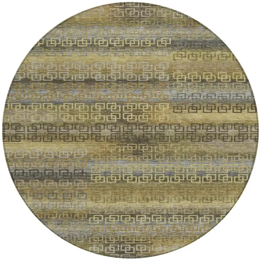 8' Wheat And Brown Round Striped Washable Indoor Outdoor Area Rug Photo 8