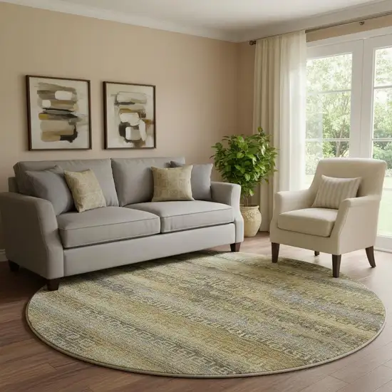 8' Wheat And Brown Striped Washable Round Rug With UV Protection Photo 2