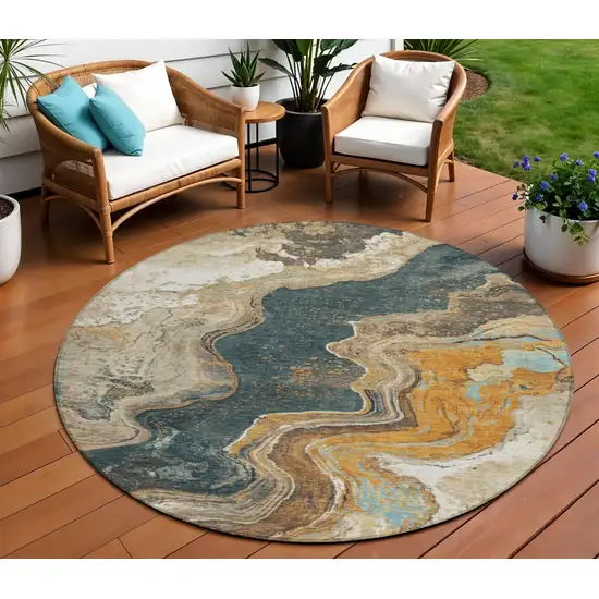 8' Wheat And Charcoal Round Abstract Washable Indoor Outdoor Area Rug Photo 2