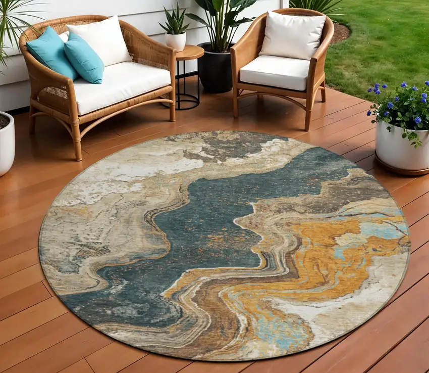 8' Wheat And Charcoal Round Abstract Washable Indoor Outdoor Area Rug Photo 2