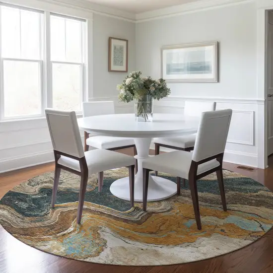 8' Wheat And Charcoal Round Abstract Washable Indoor Outdoor Area Rug Photo 6