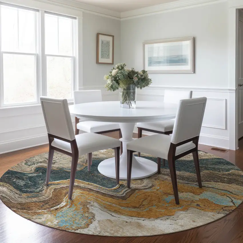 8' Wheat And Charcoal Round Abstract Washable Indoor Outdoor Area Rug Photo 6