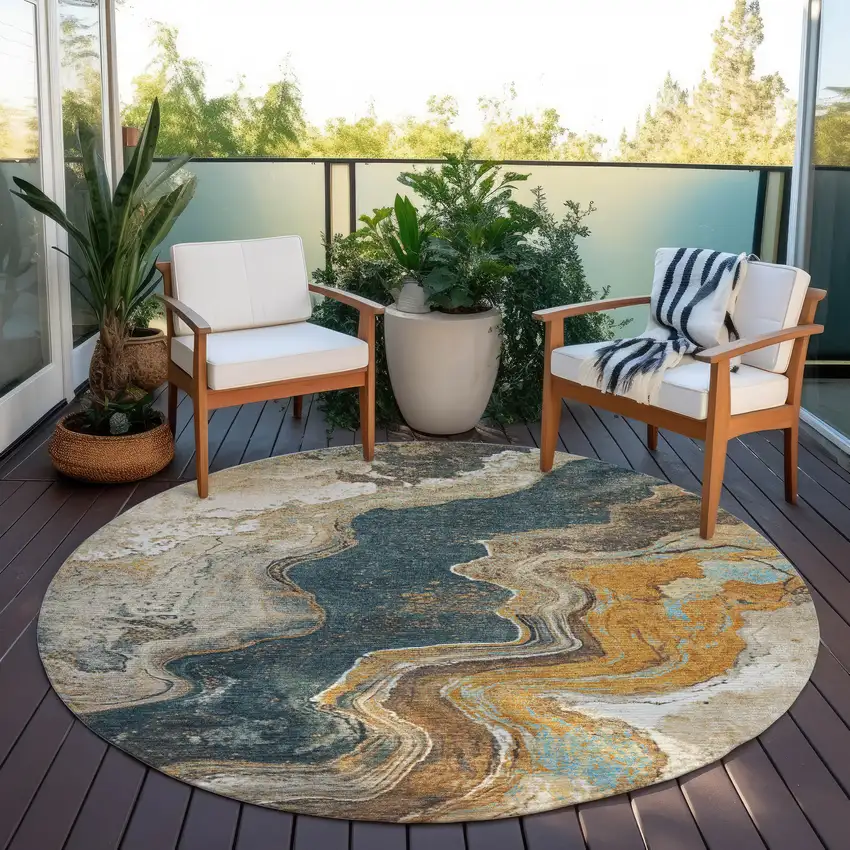 8' Wheat And Charcoal Round Abstract Washable Indoor Outdoor Area Rug Photo 5