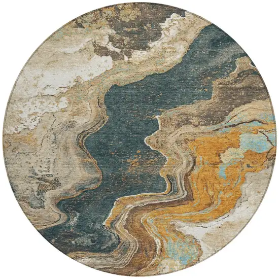 8' Wheat And Charcoal Round Abstract Washable Indoor Outdoor Area Rug Photo 3