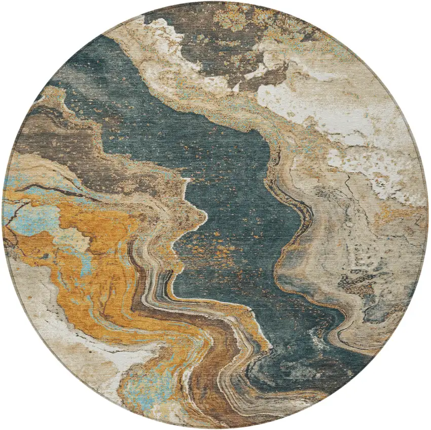 8' Wheat And Charcoal Round Abstract Washable Indoor Outdoor Area Rug Photo 4