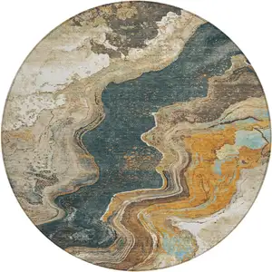 Photo of 8' Wheat And Charcoal Round Abstract Washable Indoor Outdoor Area Rug