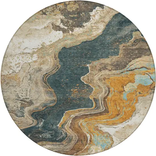 8' Wheat And Charcoal Round Abstract Washable Indoor Outdoor Area Rug Photo 1