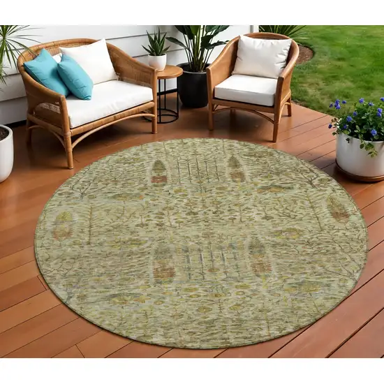 8' Wheat And Fern Green Round Floral Washable Indoor Outdoor Area Rug Photo 2