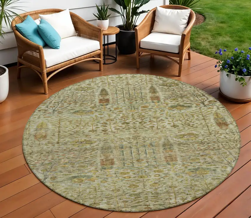 8' Wheat And Fern Green Round Floral Washable Indoor Outdoor Area Rug Photo 2