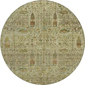 Photo of 8' Wheat And Fern Green Round Floral Washable Indoor Outdoor Area Rug