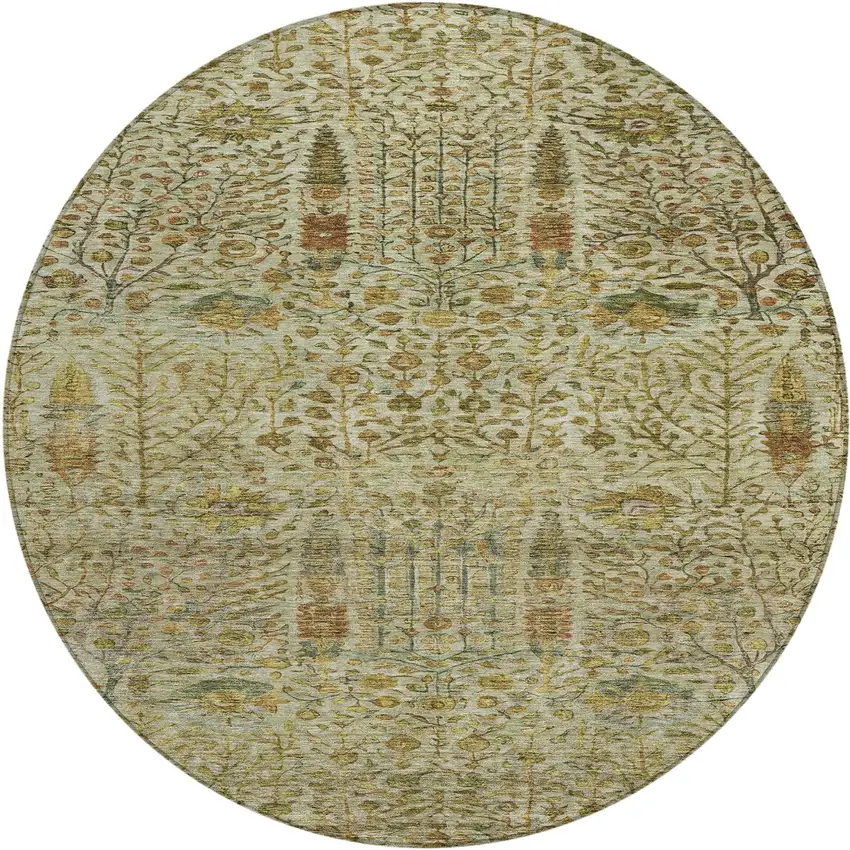 8' Wheat And Fern Green Round Floral Washable Indoor Outdoor Area Rug Photo 1