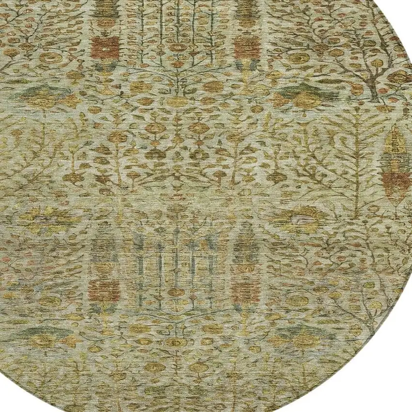 8' Wheat And Fern Green Round Floral Washable Indoor Outdoor Area Rug Photo 4