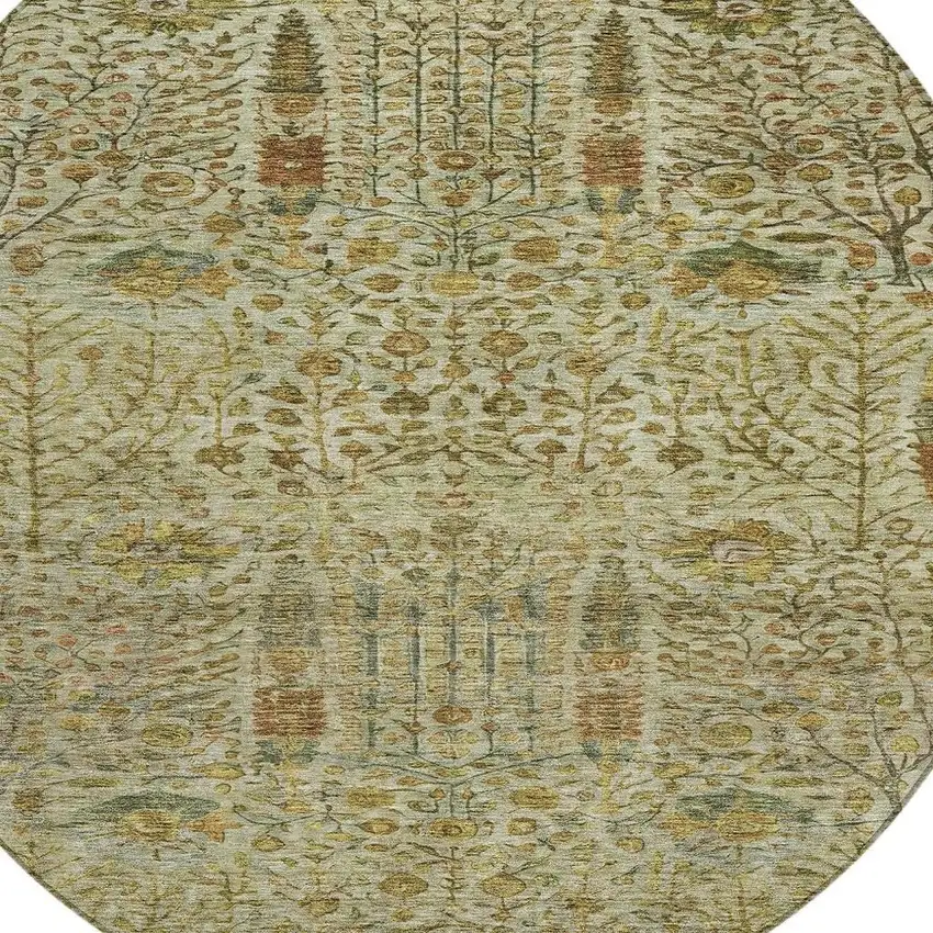 8' Wheat And Fern Green Round Floral Washable Indoor Outdoor Area Rug Photo 9