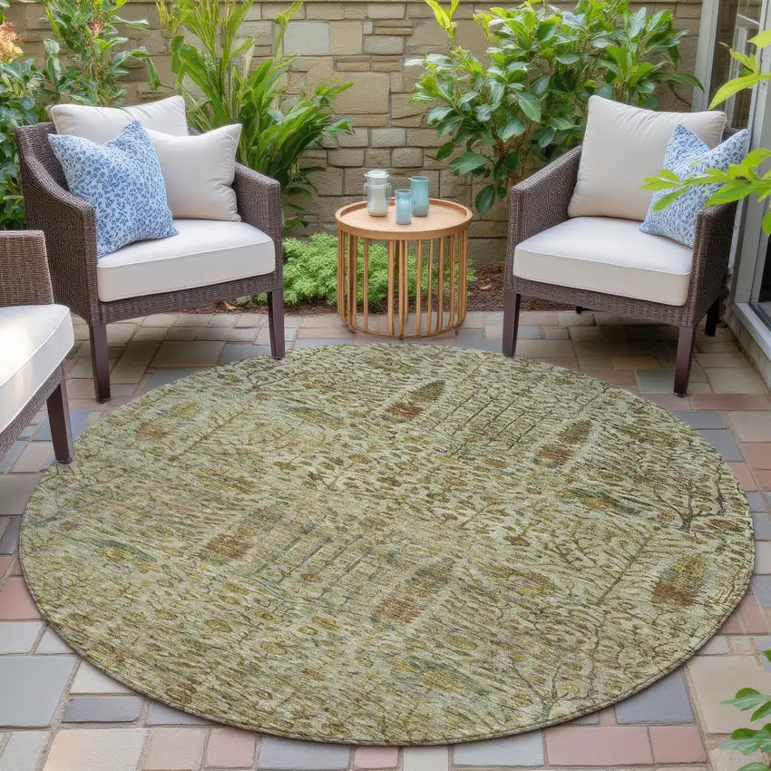 8' Wheat And Fern Green Round Floral Washable Indoor Outdoor Area Rug Photo 6