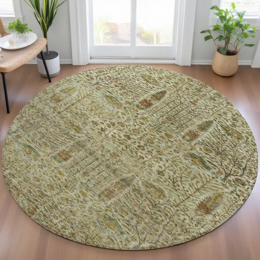 8' Wheat And Fern Green Round Floral Washable Indoor Outdoor Area Rug Photo 7