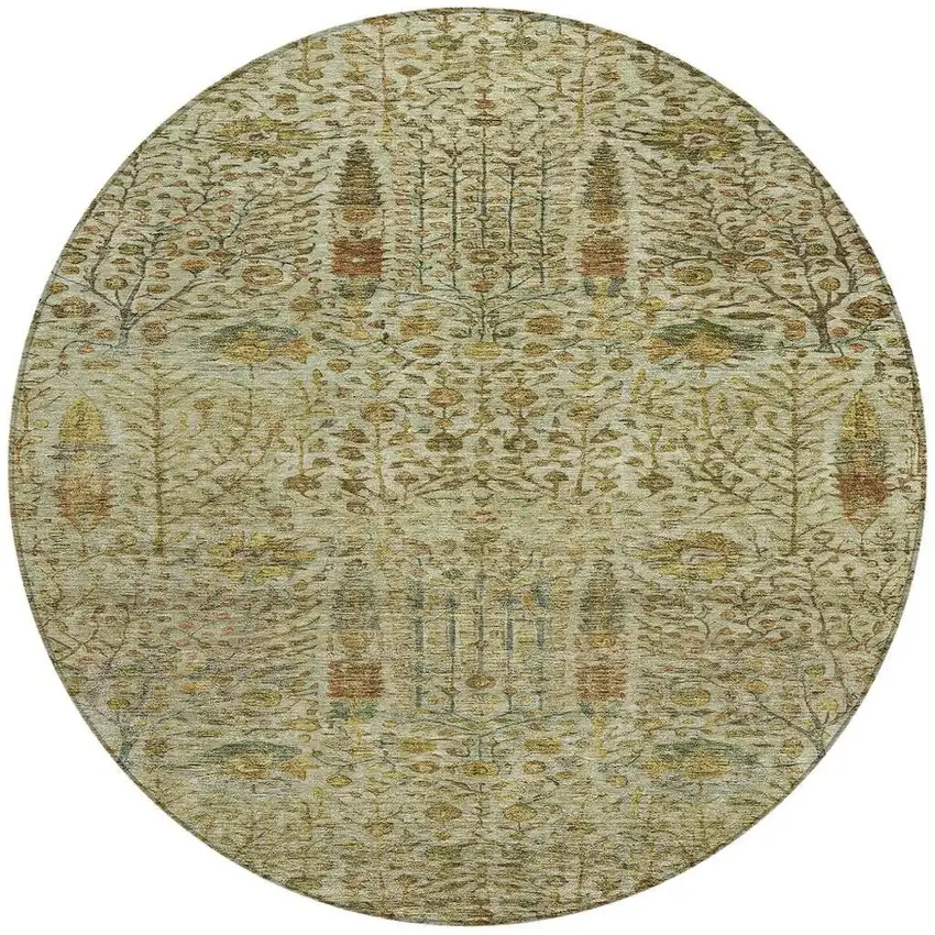 8' Wheat And Fern Green Round Floral Washable Indoor Outdoor Area Rug Photo 3
