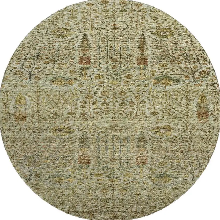8' Wheat And Gold Floral Vines Washable Round Rug With UV Protection Photo 4