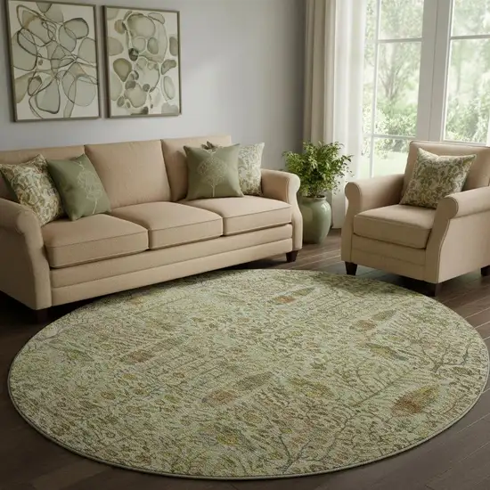 8' Wheat And Gold Floral Vines Washable Round Rug With UV Protection Photo 2