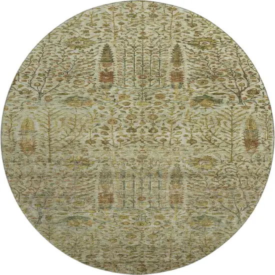 8' Wheat And Gold Floral Vines Washable Round Rug With UV Protection Photo 1
