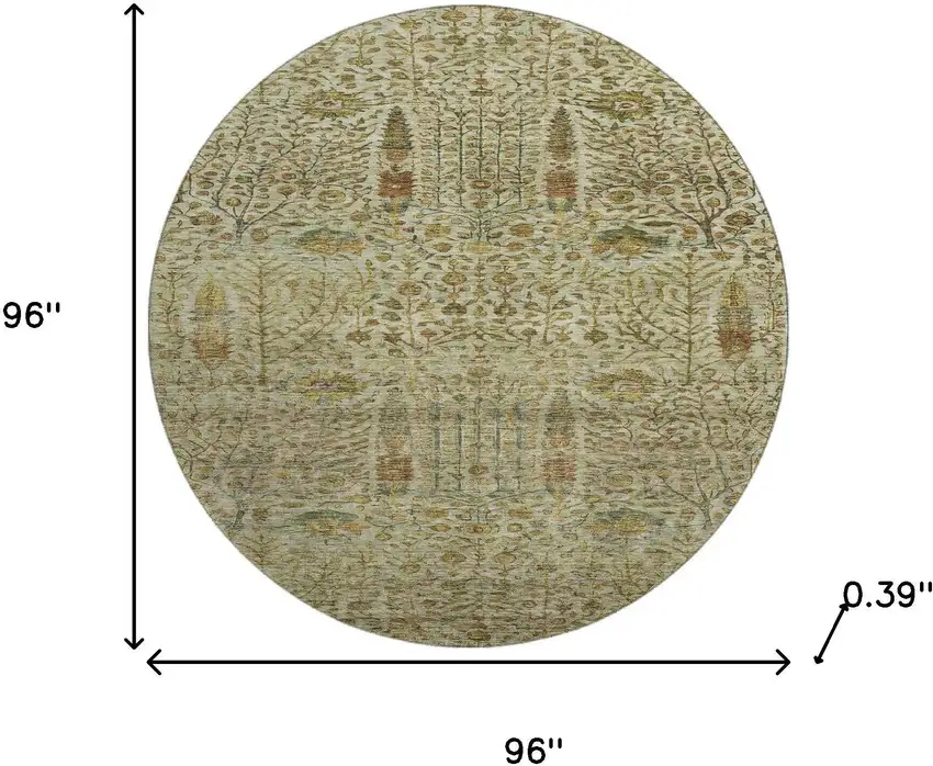 8' Wheat And Gold Floral Vines Washable Round Rug With UV Protection Photo 8