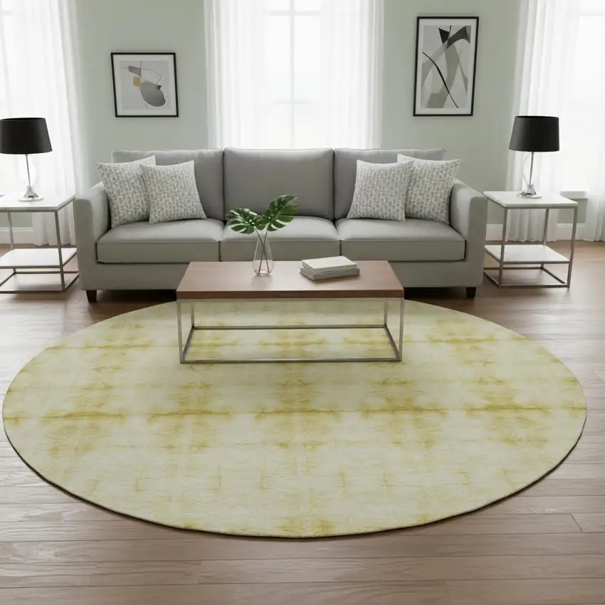 8' Wheat And Gold Geometric Washable Round Rug With UV Protection Photo 2