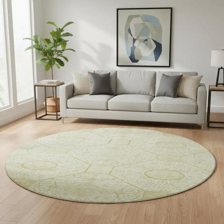 8' Wheat And Gold Geometric Washable Round Rug With UV Protection Photo 2