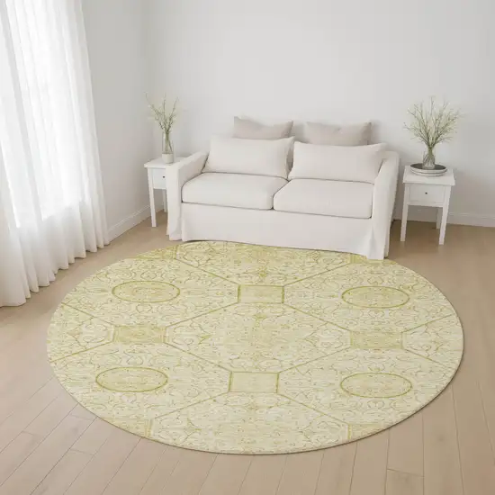8' Wheat And Gold Geometric Washable Round Rug With UV Protection Photo 4