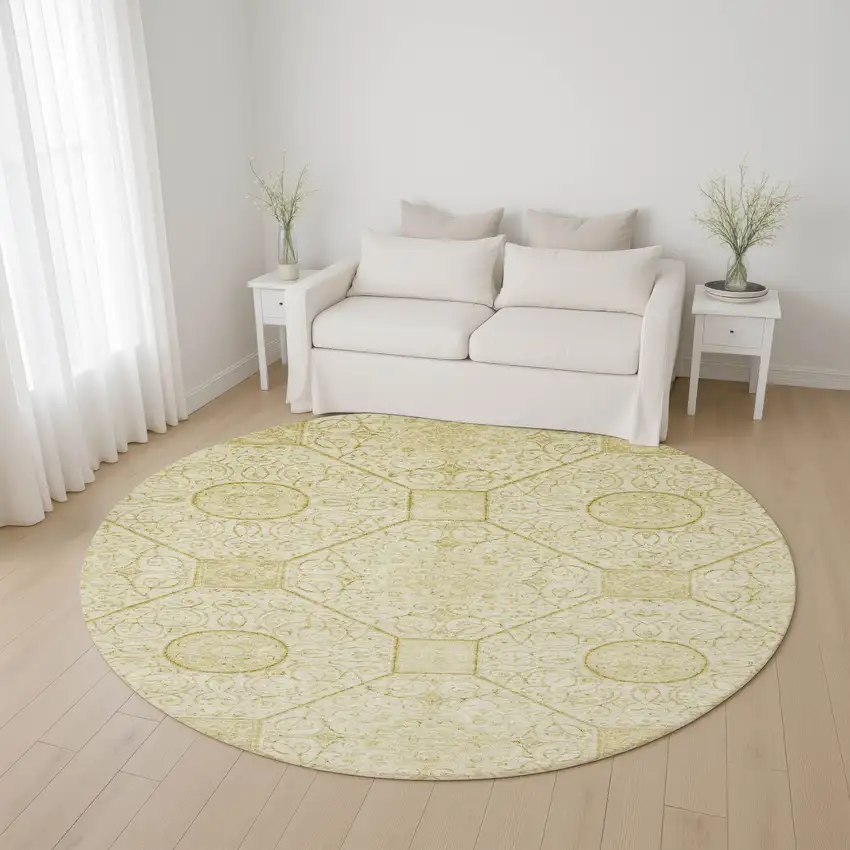 8' Wheat And Gold Geometric Washable Round Rug With UV Protection Photo 4