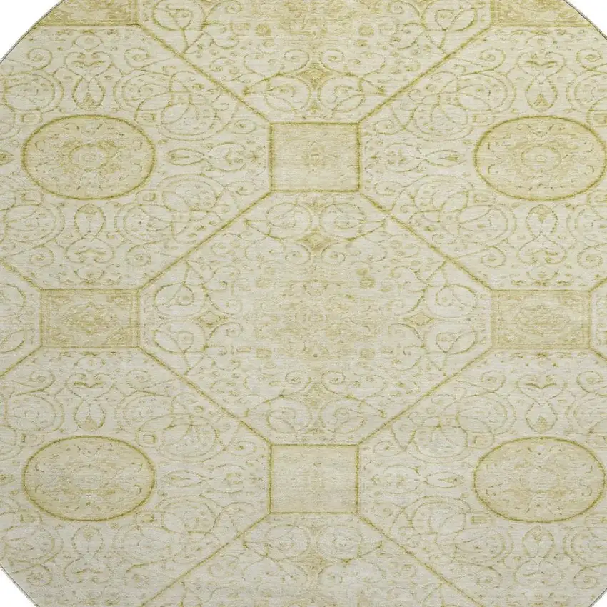 8' Wheat And Gold Geometric Washable Round Rug With UV Protection Photo 2