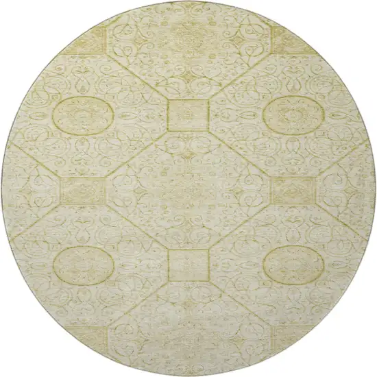 8' Wheat And Gold Geometric Washable Round Rug With UV Protection Photo 3