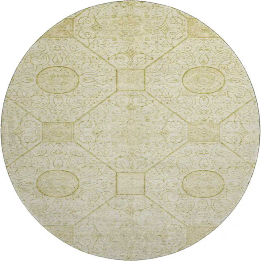 8' Wheat And Gold Geometric Washable Round Rug With UV Protection Photo 1