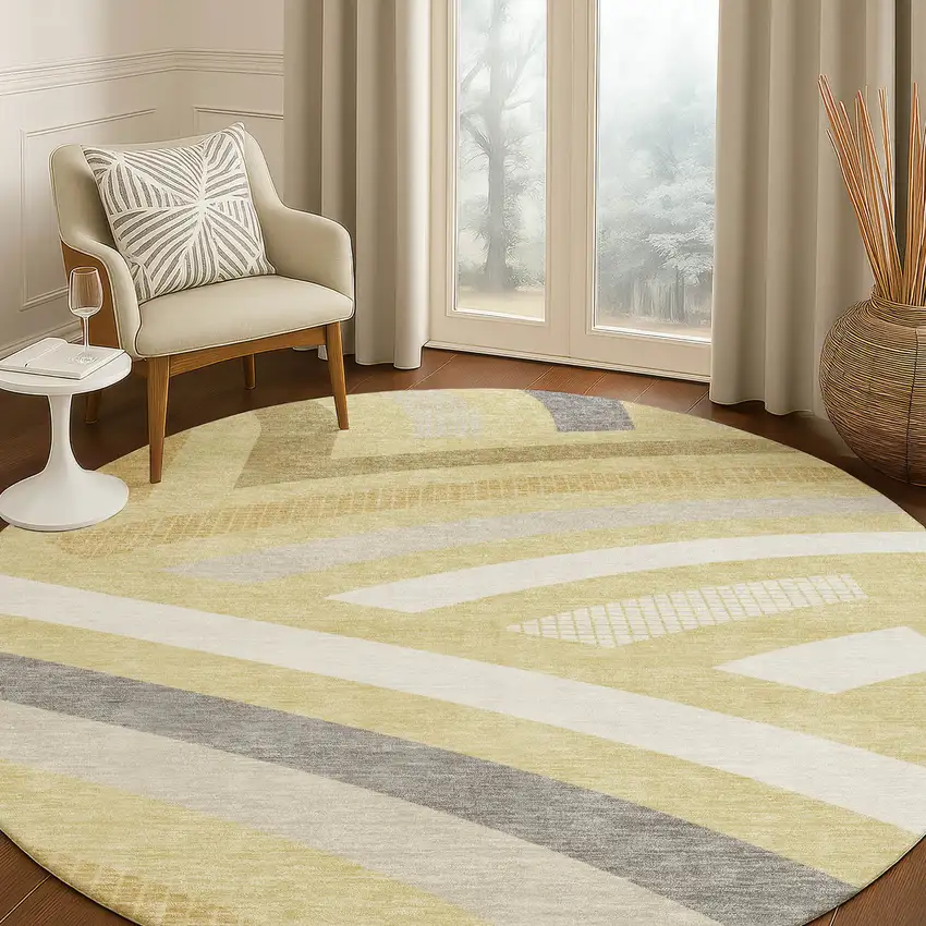 8' Wheat And Gold Round Abstract Washable Indoor Outdoor Area Rug Photo 5