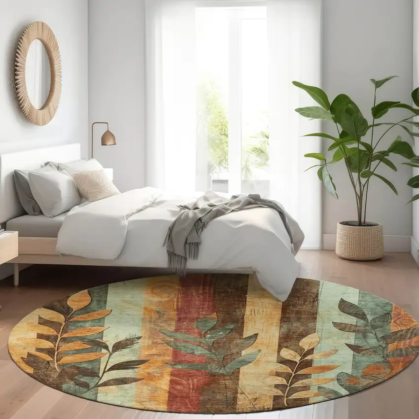 8' Wheat And Gold Round Floral Washable Indoor Outdoor Area Rug Photo 7