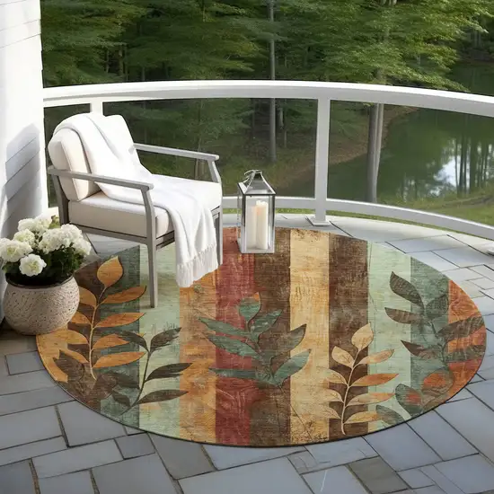 8' Wheat And Gold Round Floral Washable Indoor Outdoor Area Rug Photo 6