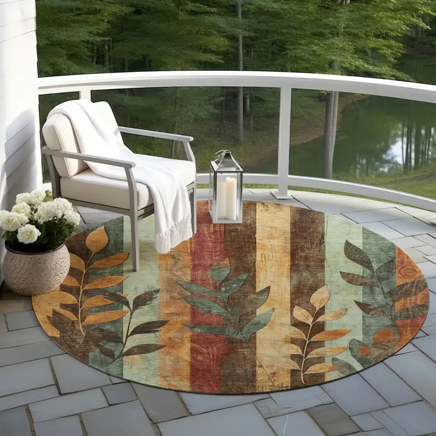 8' Wheat And Gold Round Floral Washable Indoor Outdoor Area Rug Photo 6