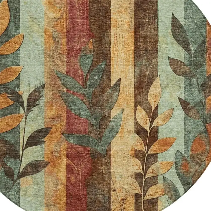 8' Wheat And Gold Round Floral Washable Indoor Outdoor Area Rug Photo 4