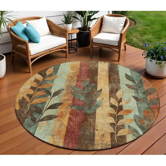 8' Wheat And Gold Round Floral Washable Indoor Outdoor Area Rug Photo 2