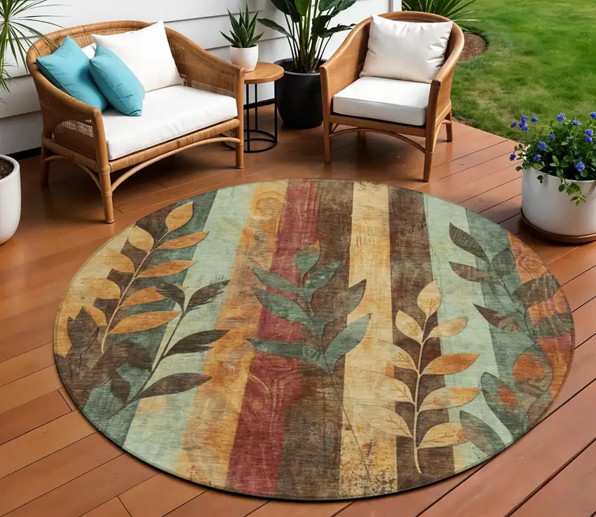 8' Wheat And Gold Round Floral Washable Indoor Outdoor Area Rug Photo 2