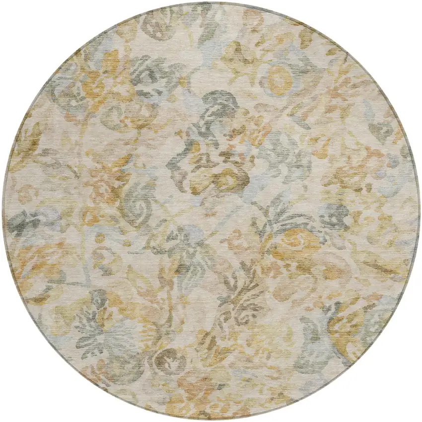 8' Wheat And Gold Round Floral Washable Indoor Outdoor Area Rug Photo 2