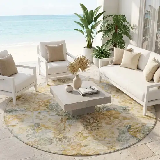 8' Wheat And Gold Round Floral Washable Indoor Outdoor Area Rug Photo 1