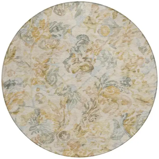 8' Wheat And Gold Round Floral Washable Indoor Outdoor Area Rug Photo 4